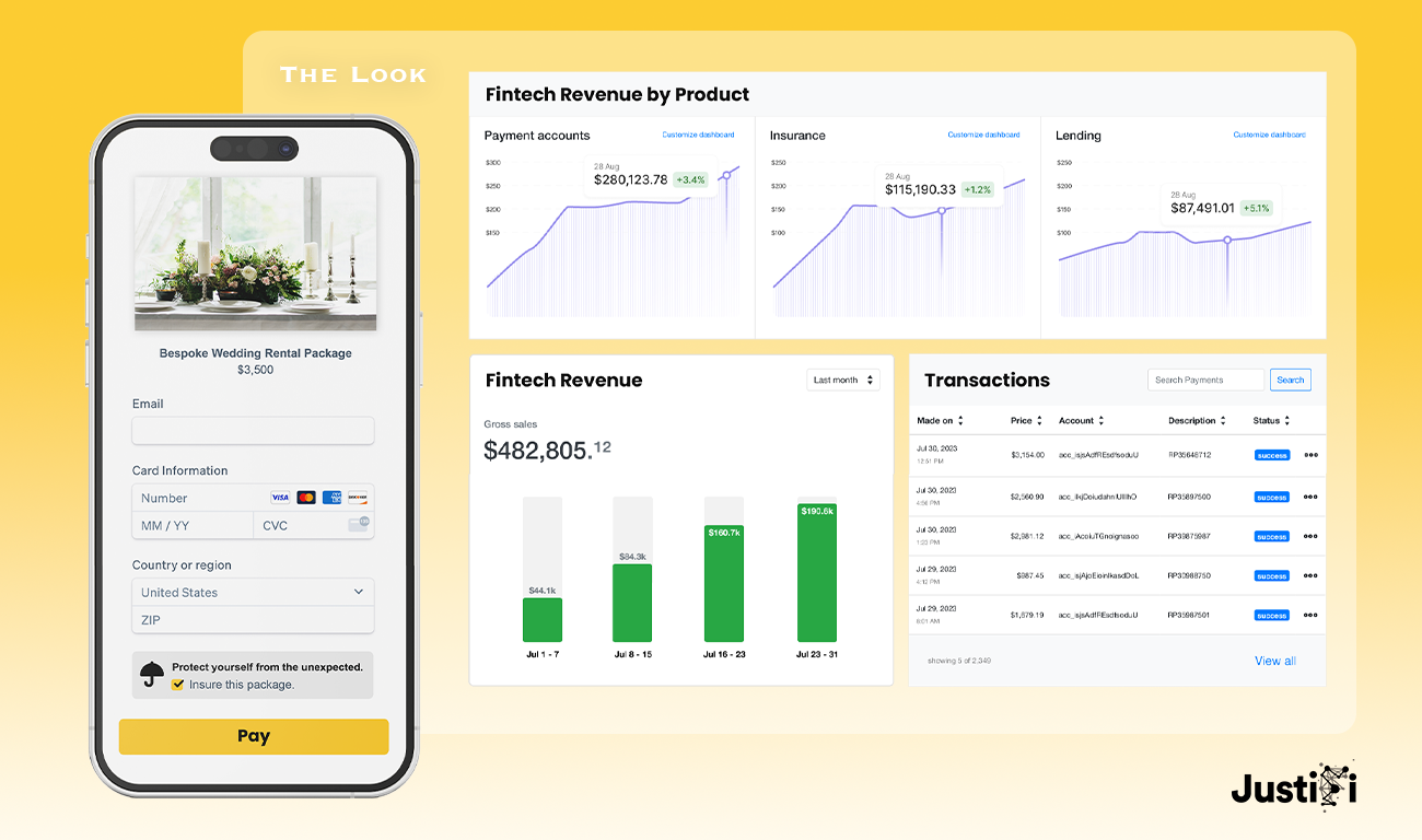 Product image featuring Justifi's mobile payment form on the left, and the Fintech Dashboard on the right.