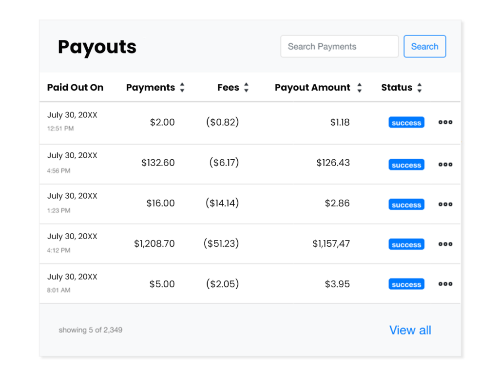 Payouts table web component module - JustiFi